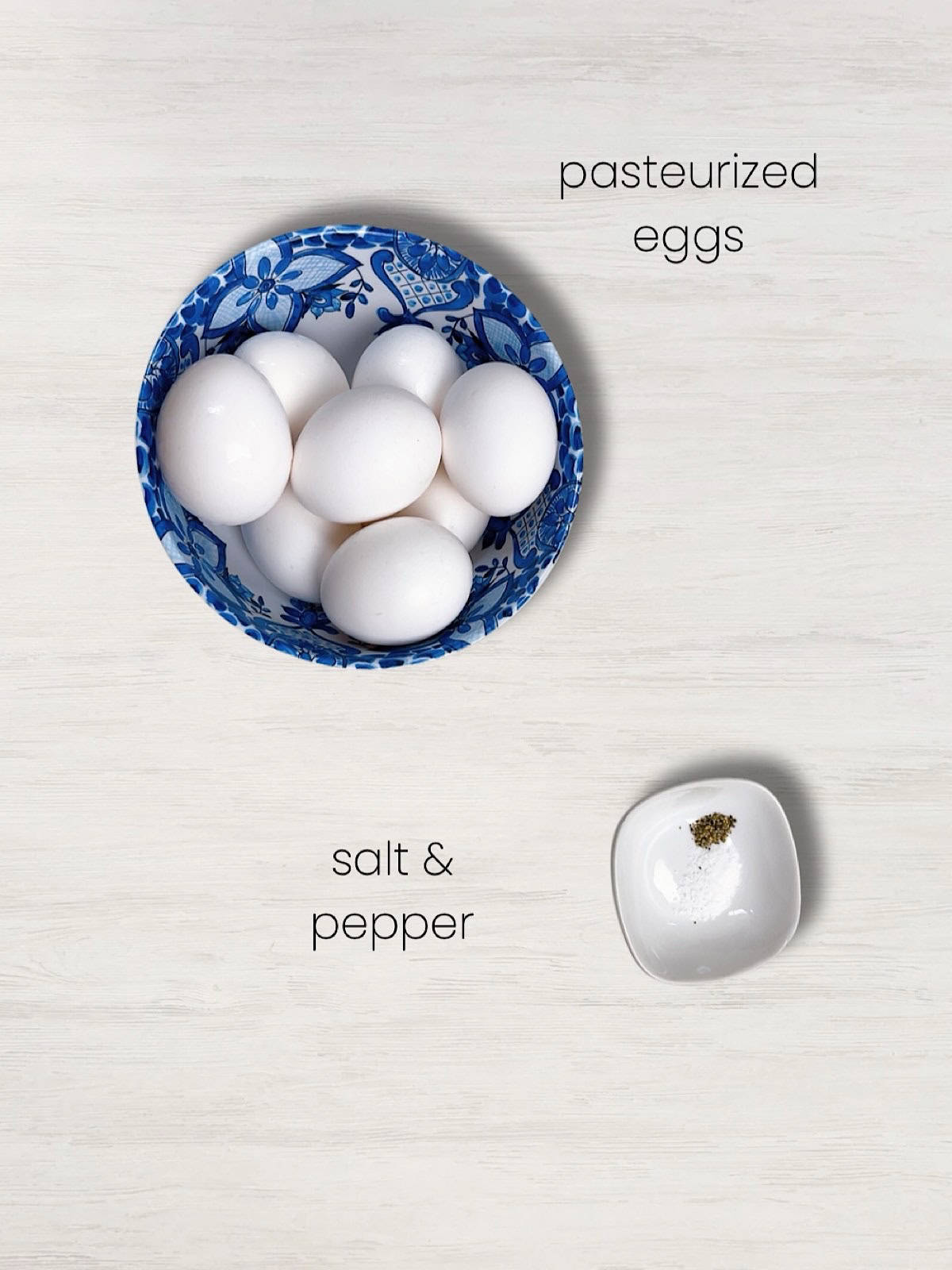 A labeled ingredient photo of everything needed to make soft boiled eggs.