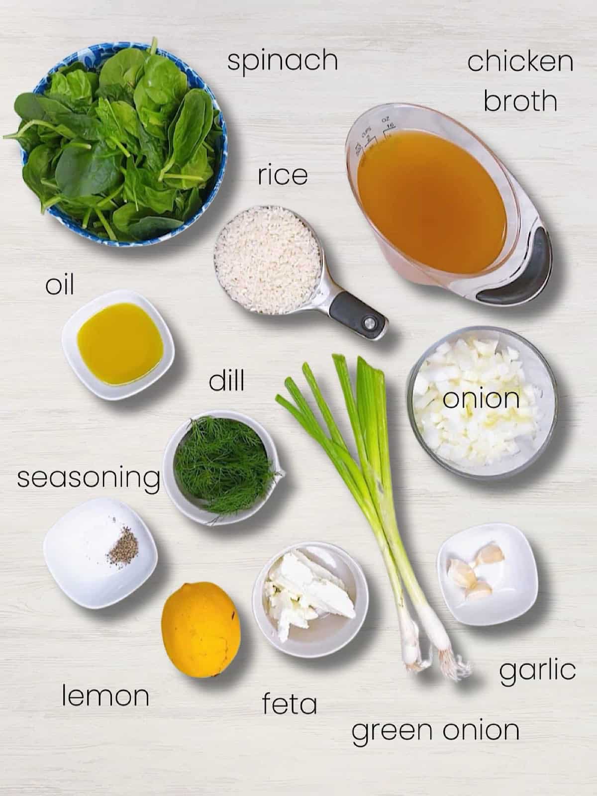 A labeled ingredient photo of everything needed to make Spanakorizo.