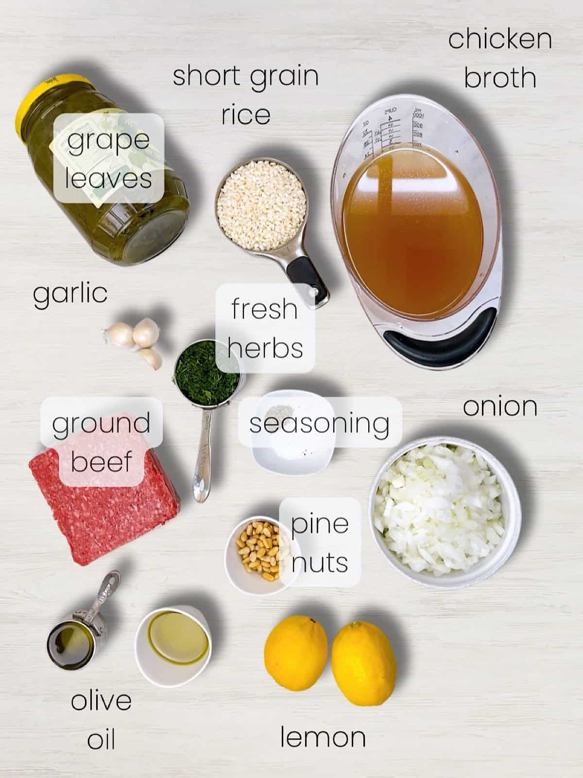 A labeled image of everything needed to make this Greek Dolmades Recipe.