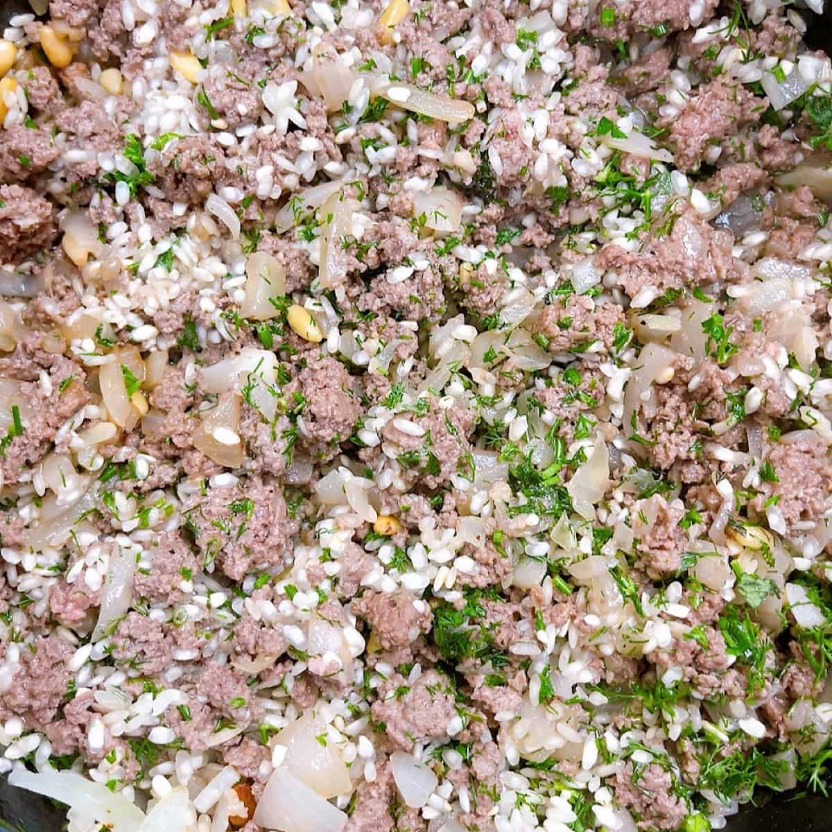 Ground beef, rice, herbs, onion, garlic and seasoning ready to stuff.