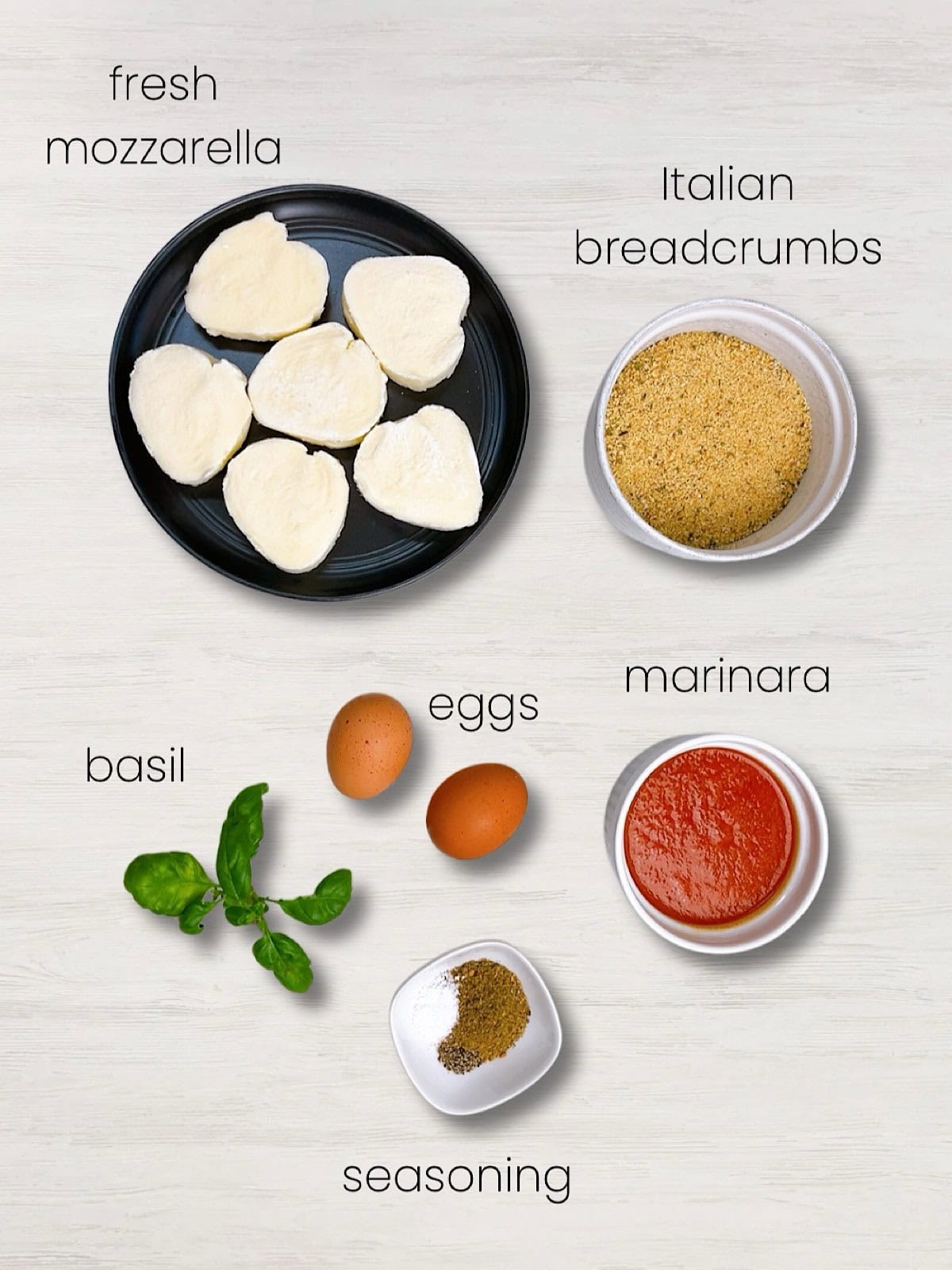 A labeled image of everything needed to make fried mozzarella cheese.