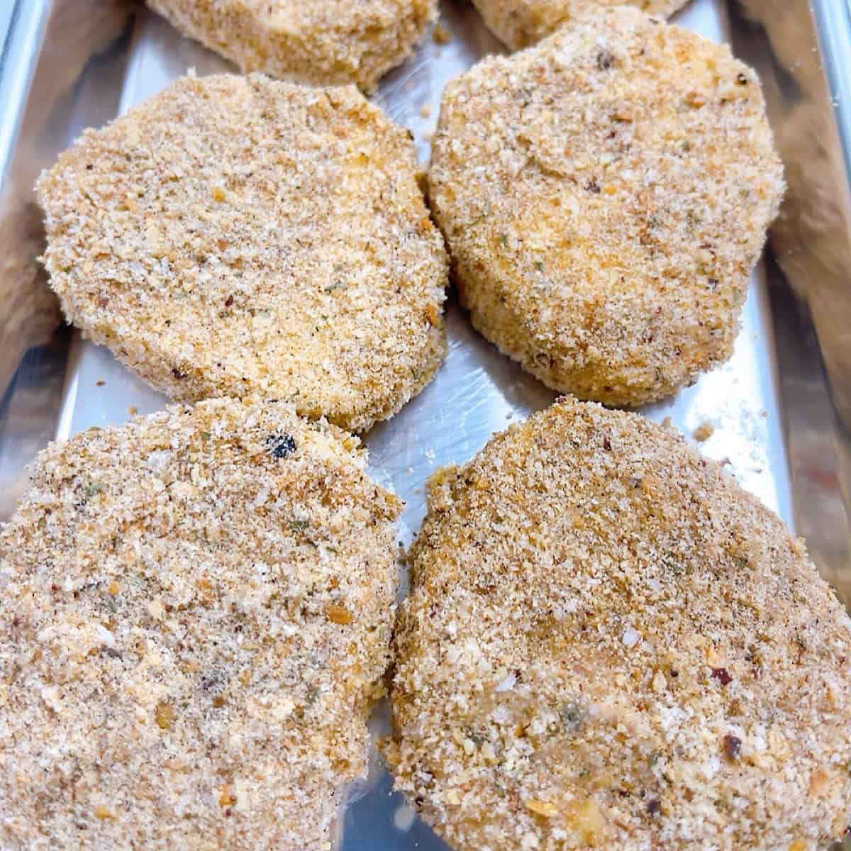 Breaded mozzarella cheese ready to fry.