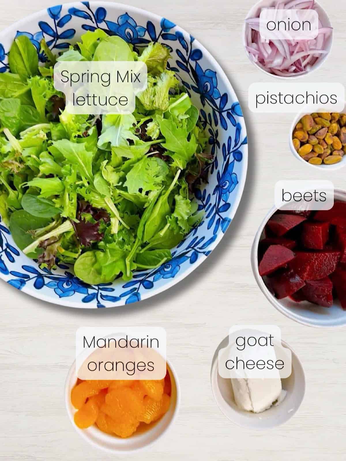 A labeled image of everything needed to make Mandarin orange salad.