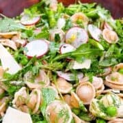 Spring pasta salad with garnish in a salad bowl.