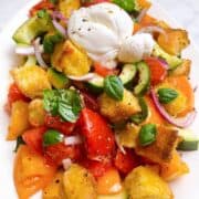 Panzanella salad on a white platter topped with burrata cheese, basil, and seasoning.