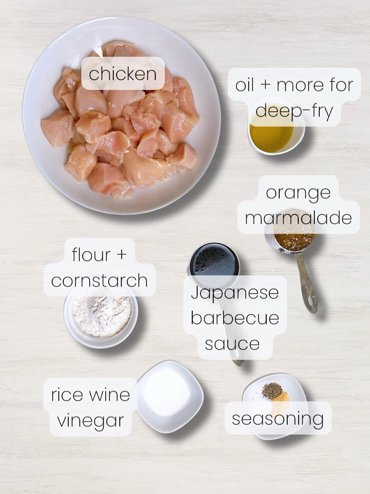 A labeled image of everything needed to make this easy orange chicken recipe.