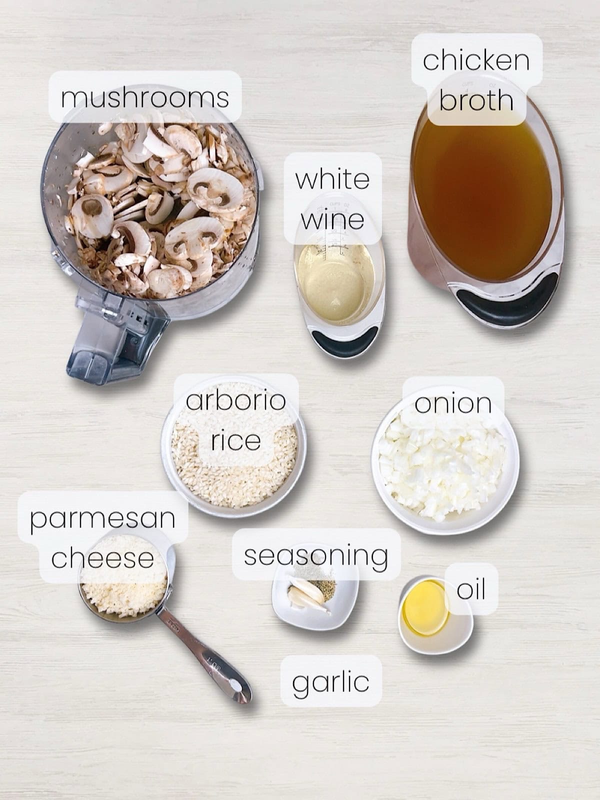 A labeled image of everything needed to make mushroom truffle risotto.