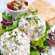 An elegant tray of chicken tzatziki salad scooped over spring mix with a side of salad topping and pita.