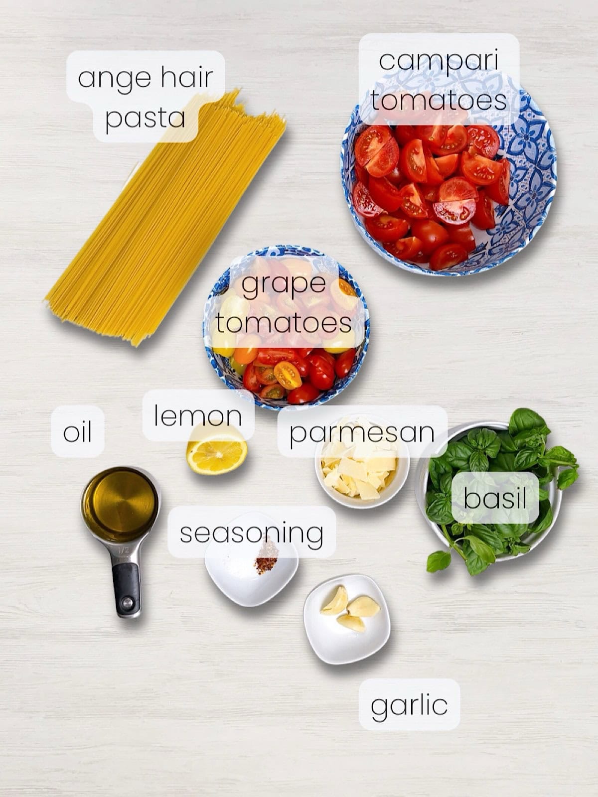 A labeled image of everything needed to make this cold spaghetti salad recipe.