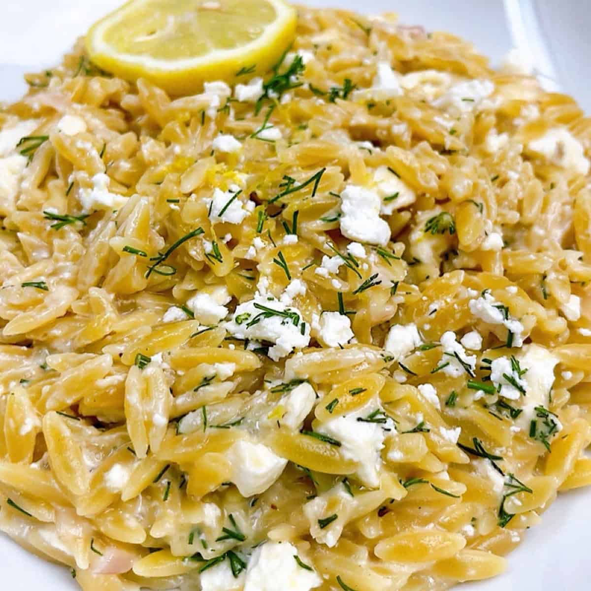 Creamy lemon orzo pasta in a white bowl with dill, feta, and lemon as garnish.