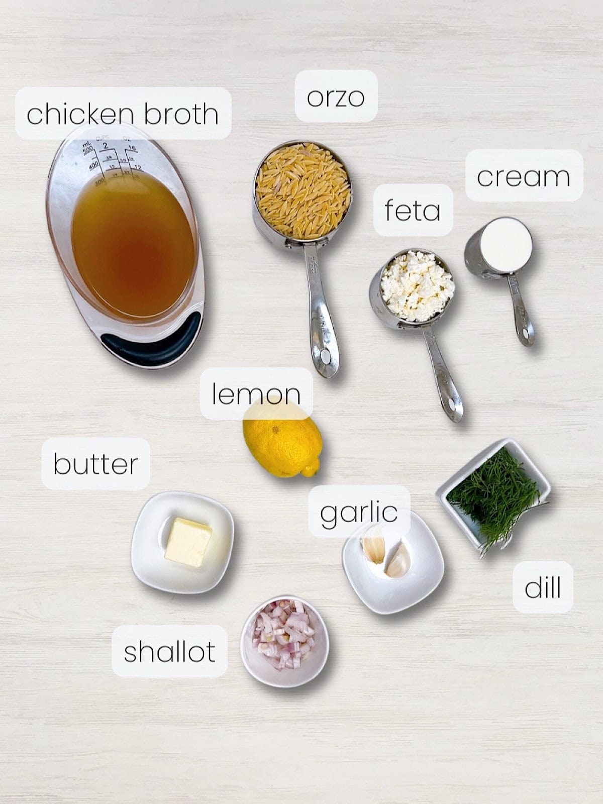 A labeled image of everything needed to make creamy lemon orzo pasta with feta and dill.