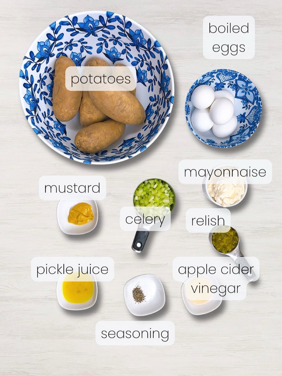 A labeled image of everything needed to make a classic southern potato salad.