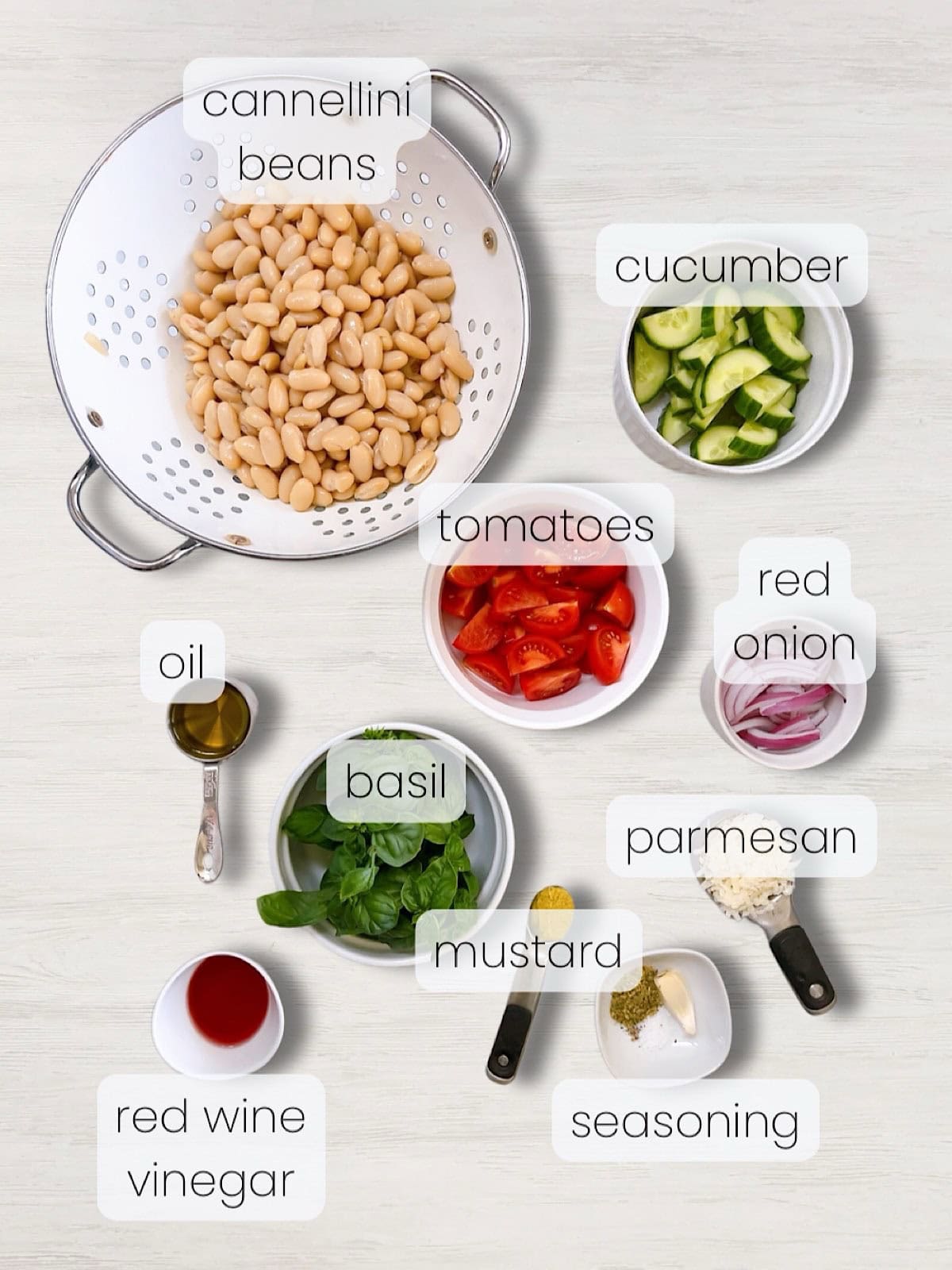 A labeled image of everything needed to make Italian white bean salad with parmesan vinaigrette.