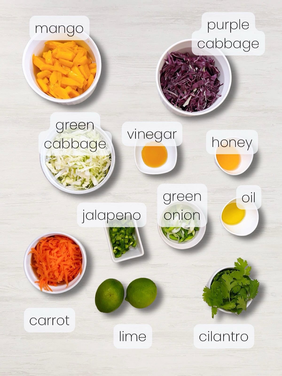 A labeled image of everything needed to make this easy mango slaw recipe.