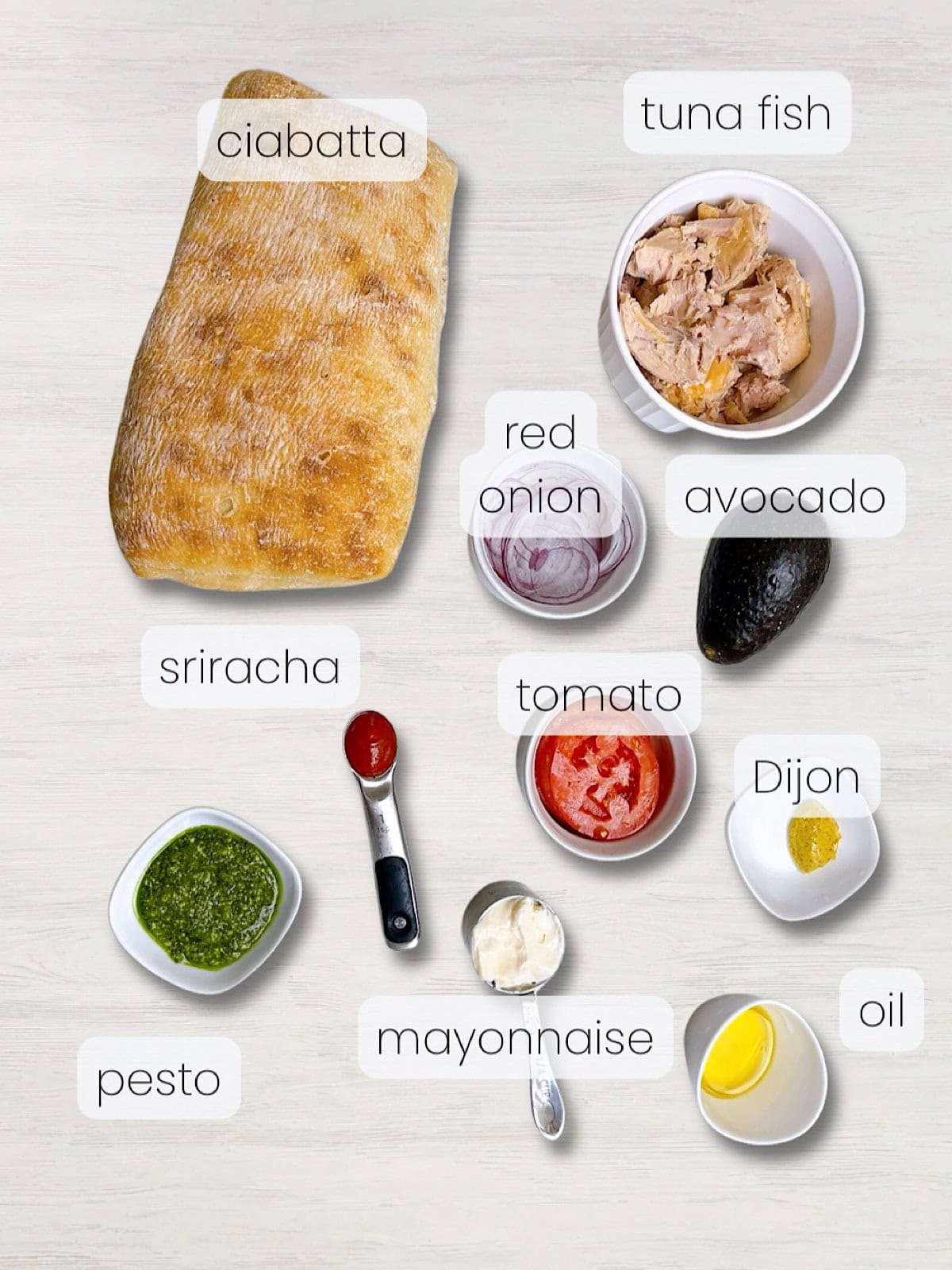 A labeled image of everything needed to make this copycat tunacado sandwich recipe.