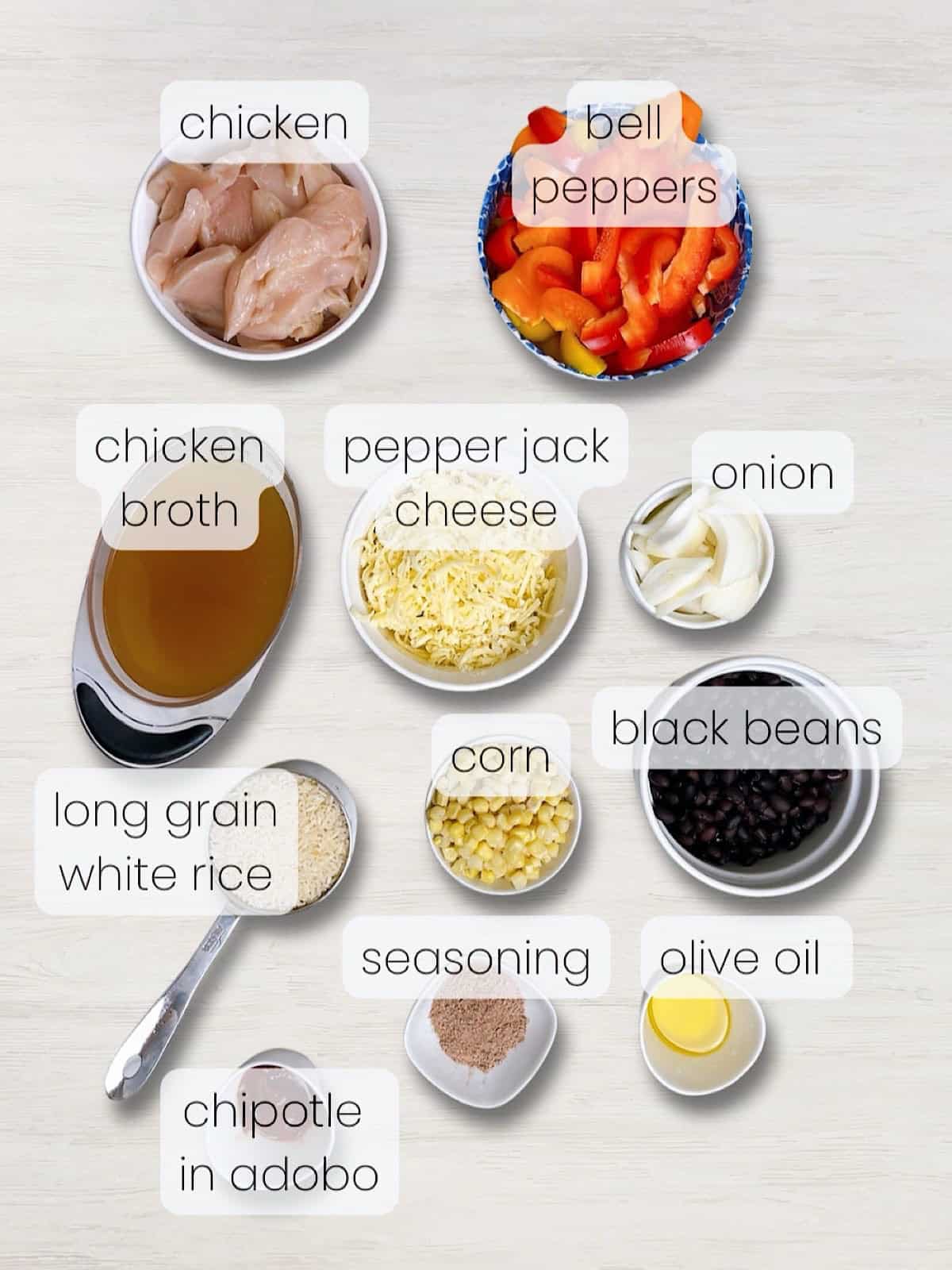 A labeled image of everything needed to make a chicken fajita bake.