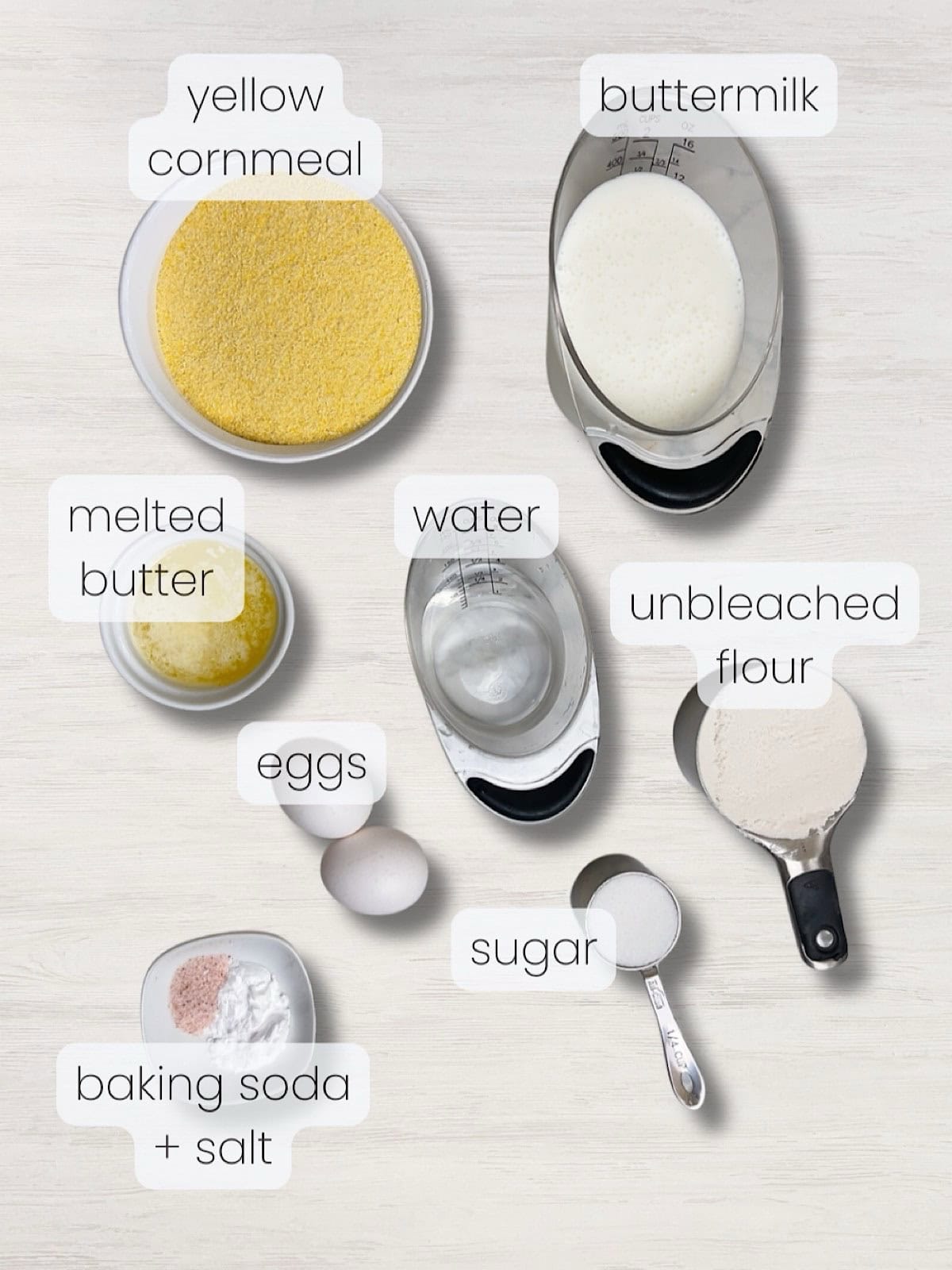 A labeled image of everything needed to make these Southern style hoecakes.