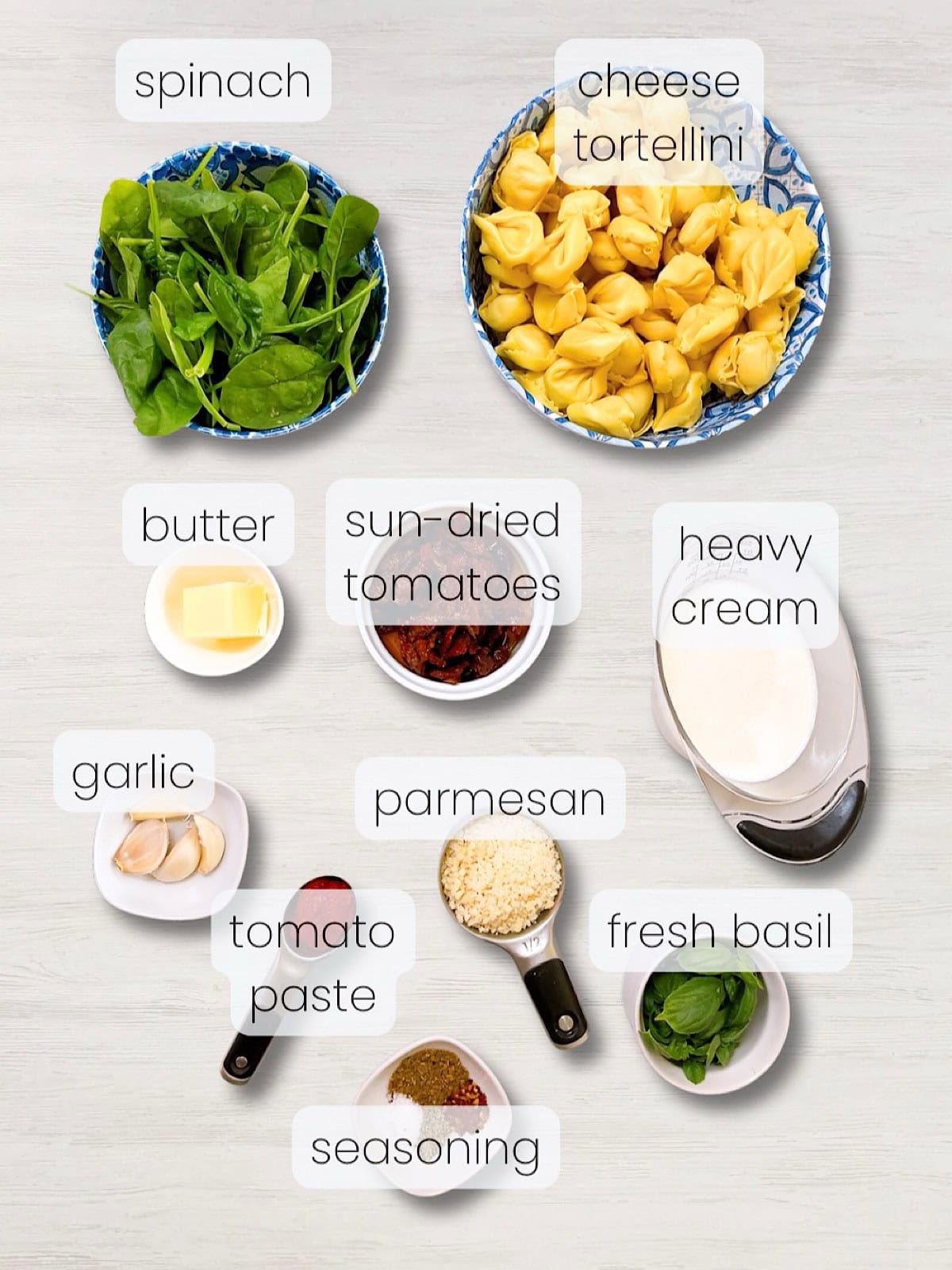 A labeled image of everything needed to make marry me tortellini pasta recipe.
