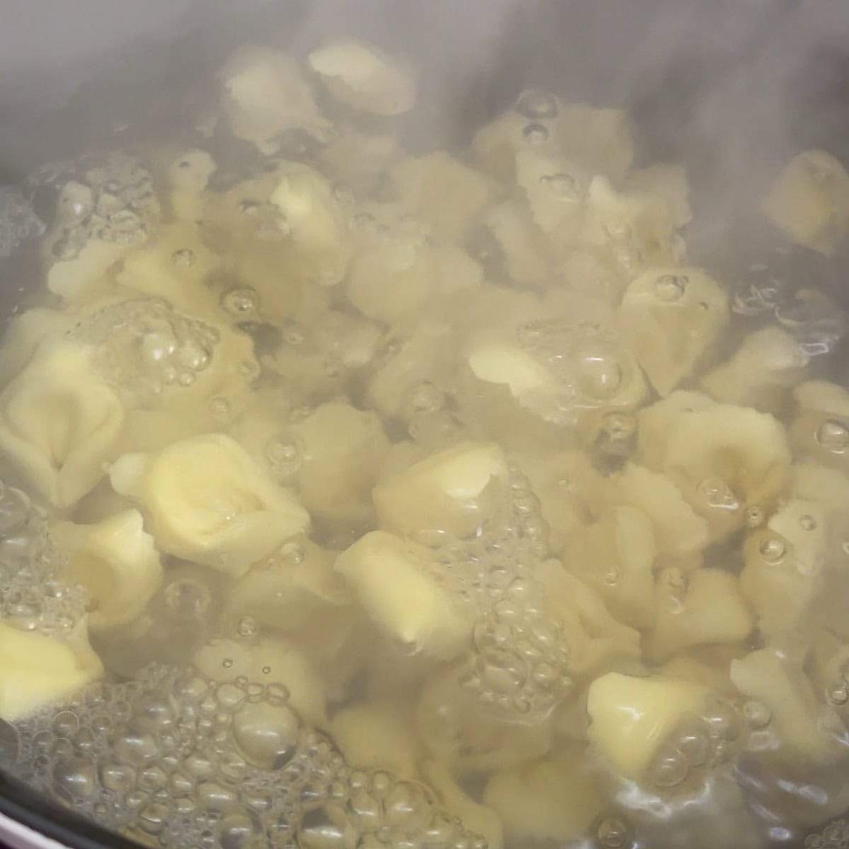 Tortellini pasta boiling on the stove.