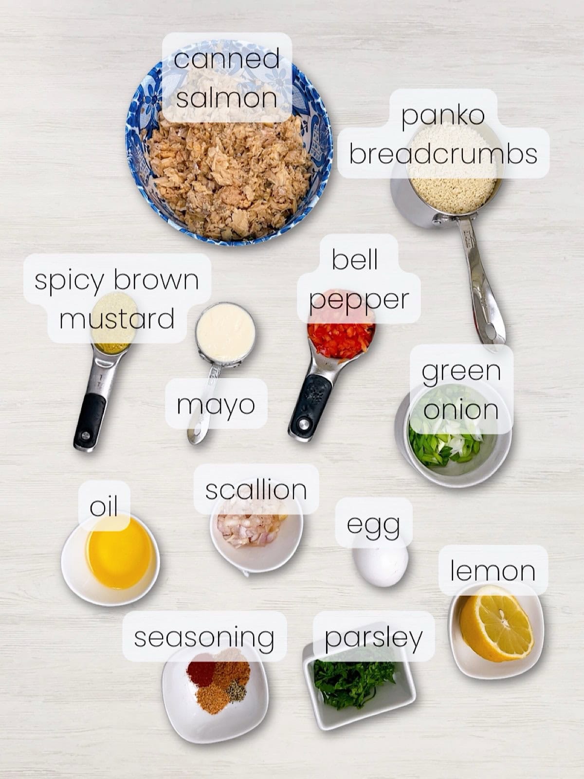 A labeled image of everything needed to make old fashioned salmon patties.