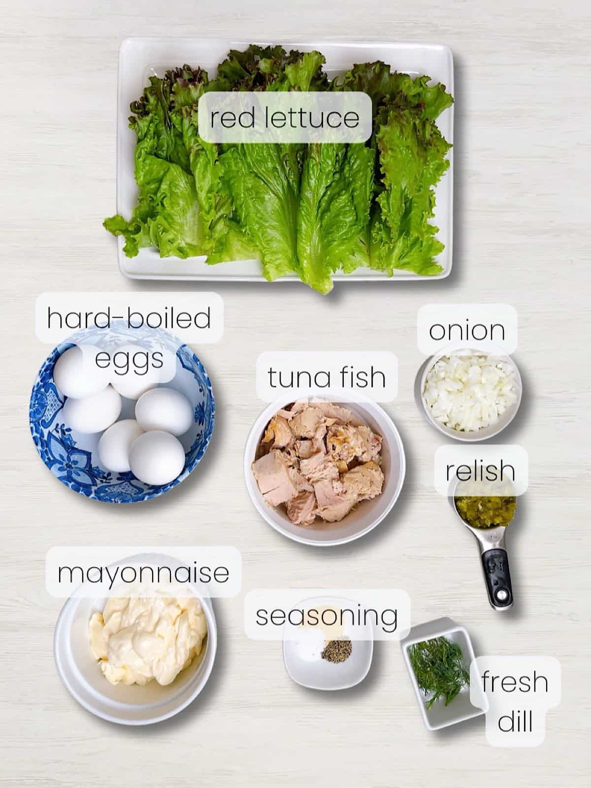 A labeled image of everything needed to make tuna and egg salad.