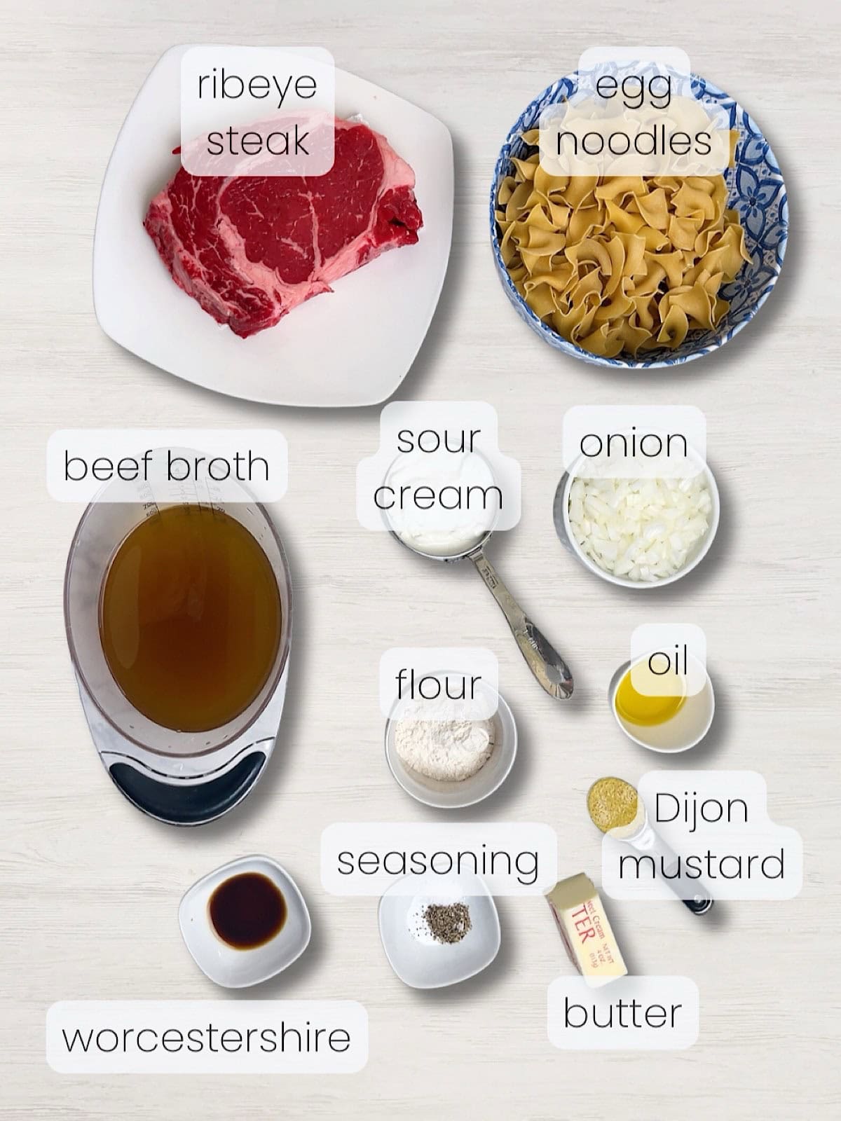 A labeled image of everything needed to make this beef stroganoff no mushroom recipe.