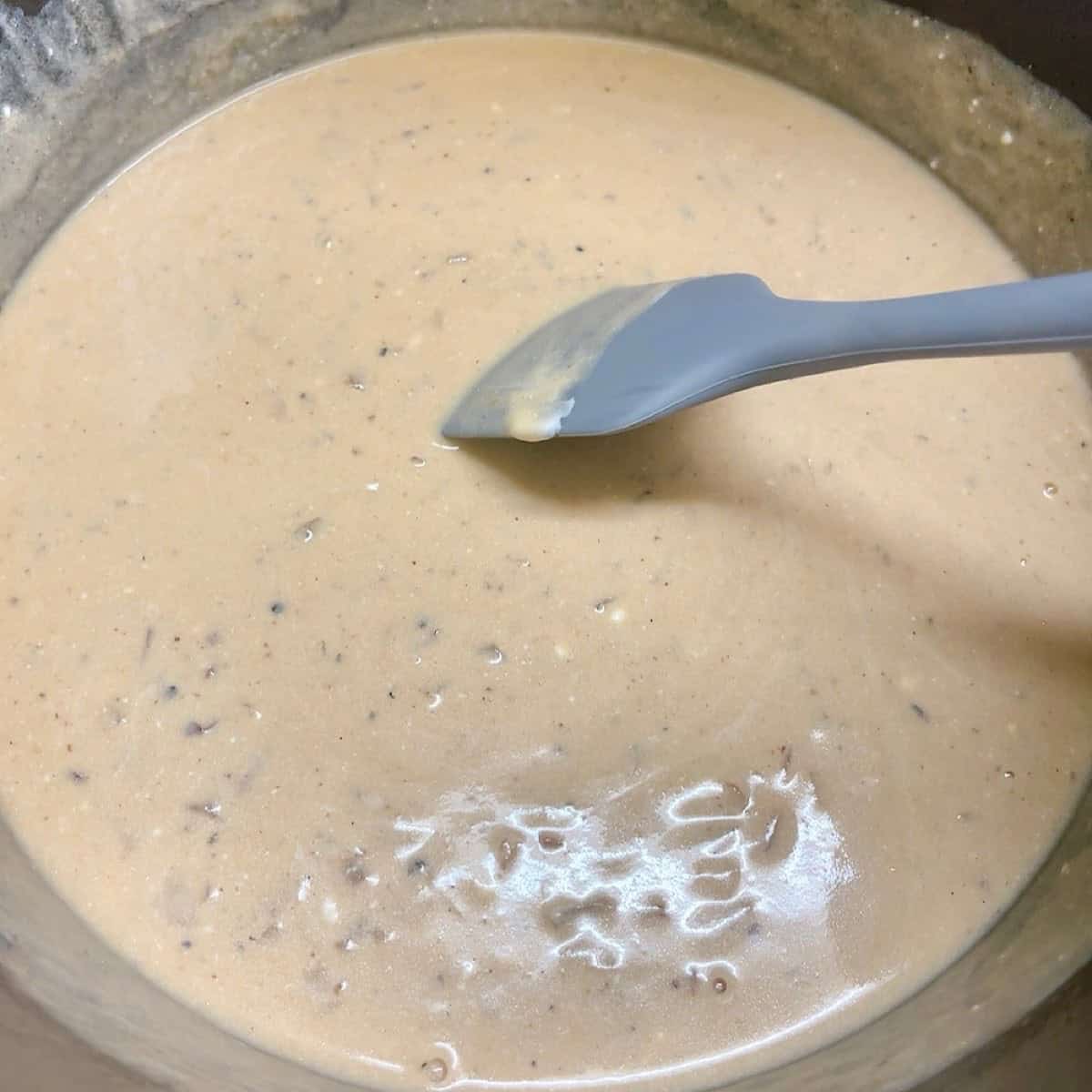 Stroganoff sauce with rubber spatula showing thickness.