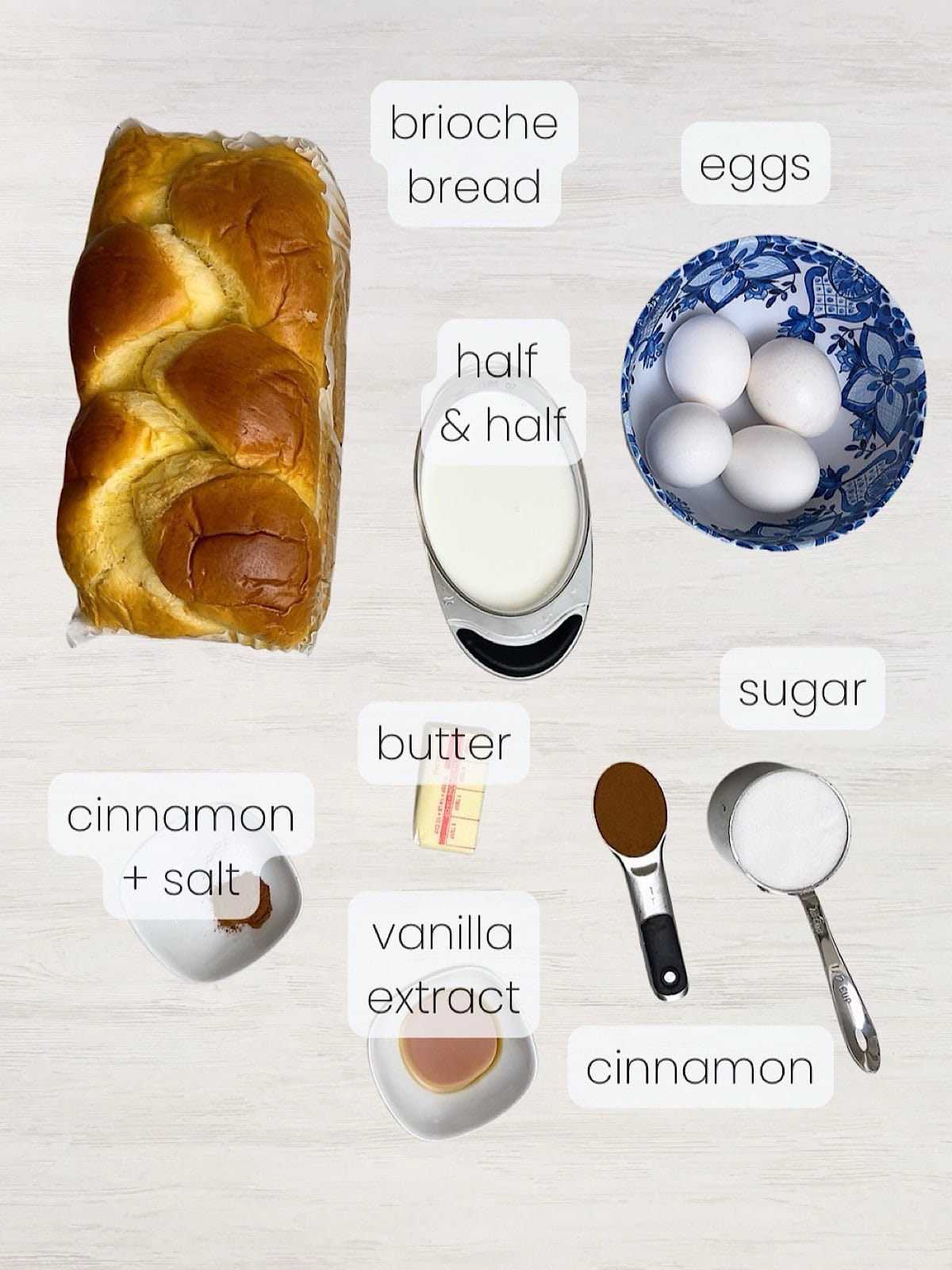 A labeled image of everything needed to make brioche churro style French toast sticks.