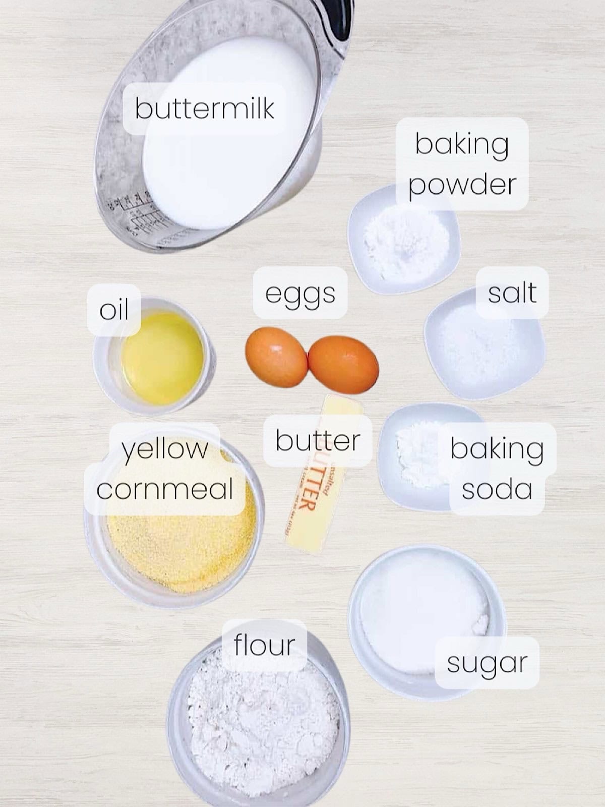 A labeled image of everything needed to make this cast iron skillet cornbread recipe.