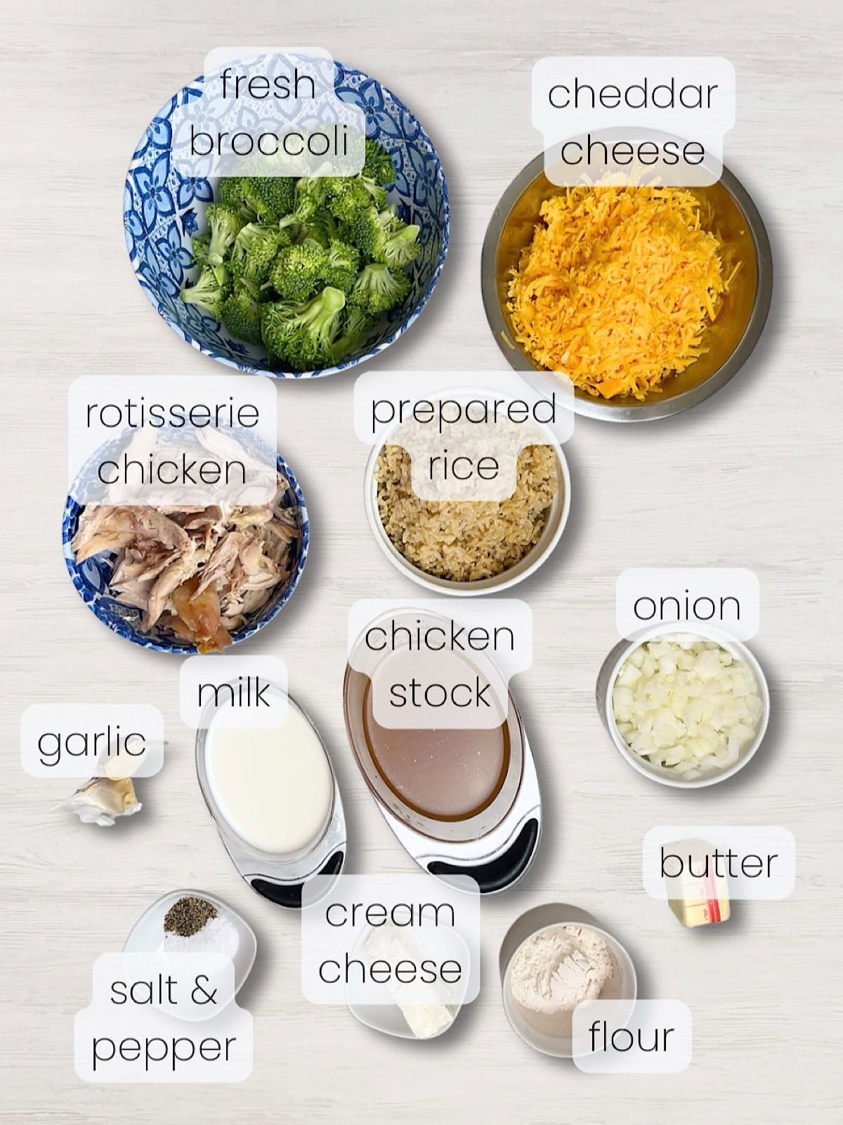 A labeled image of everything needed to make a chicken broccoli cheese casserole without canned soup.