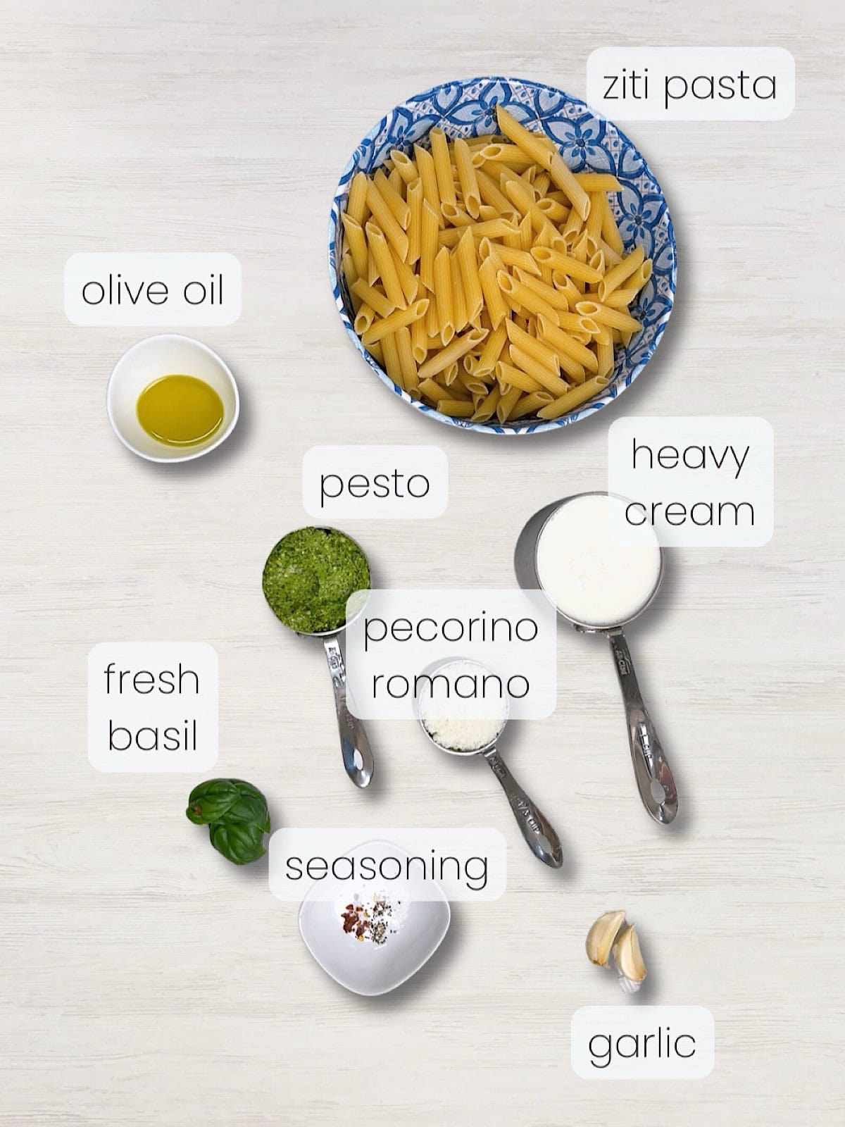 A labeled image of everything needed to make the best creamy pesto pasta.