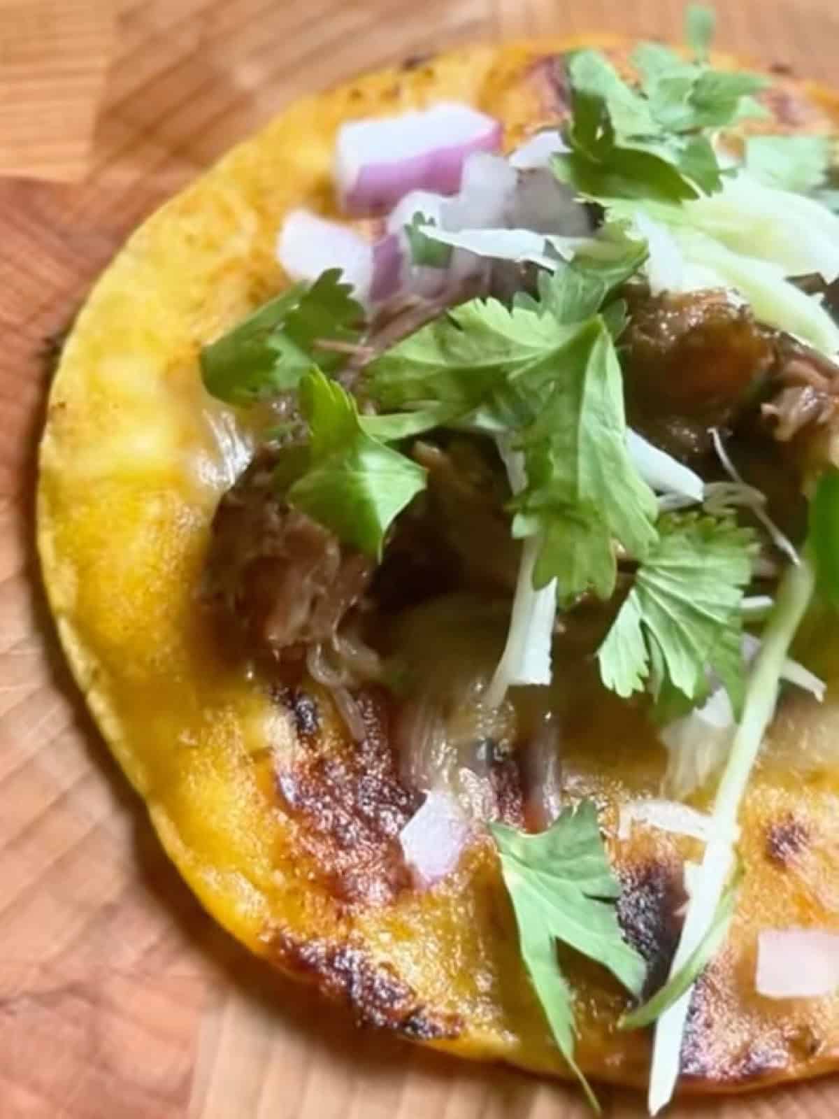 Dutch oven barbacoa with short ribs on a street taco with cilantro and onion.