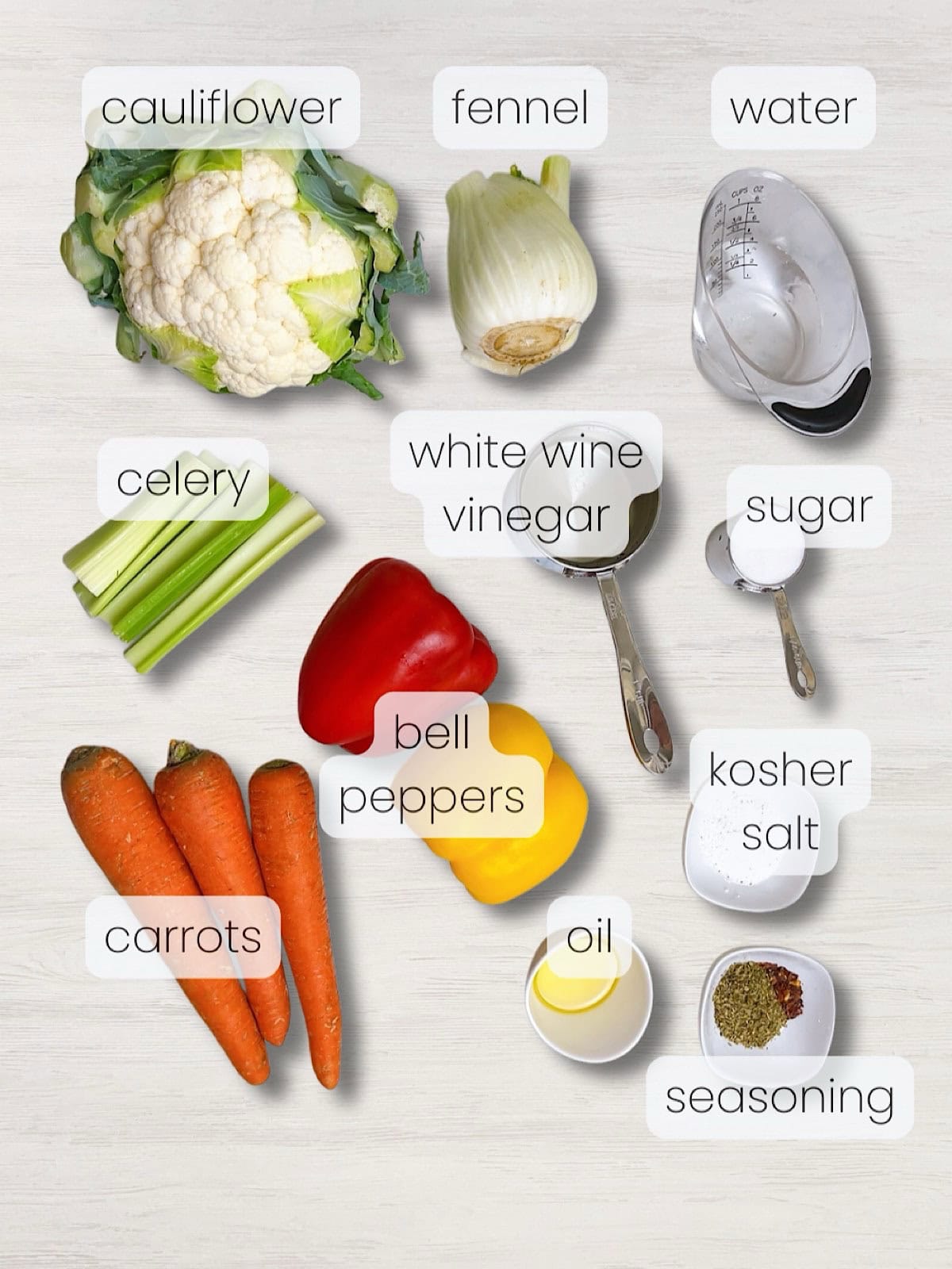 A labeled image of everything needed to make the Giardiniera recipe.