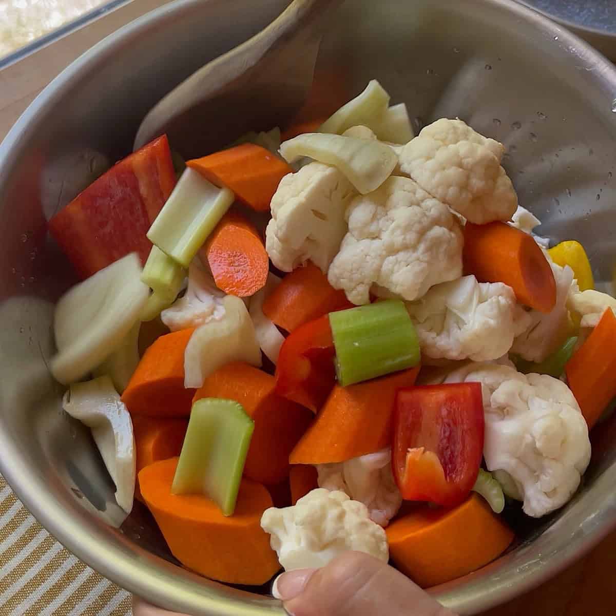 Chopped vegetables combined with vinegar marinade.