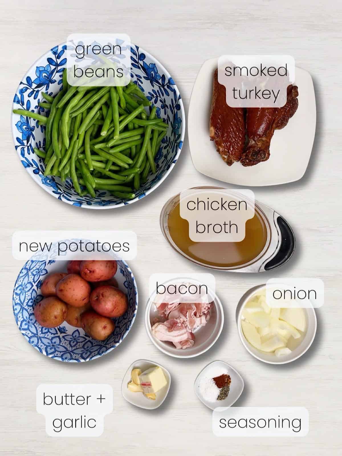A labeled image of everything needed to make the green beans and new potatoes recipe.