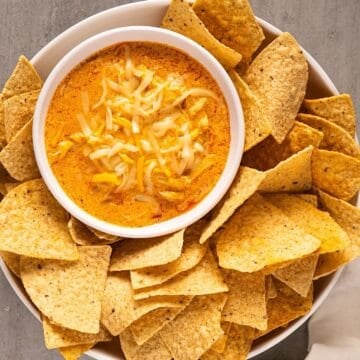 Buffalo chicken dip nestled in a serving dish surrounded by tortilla chips.