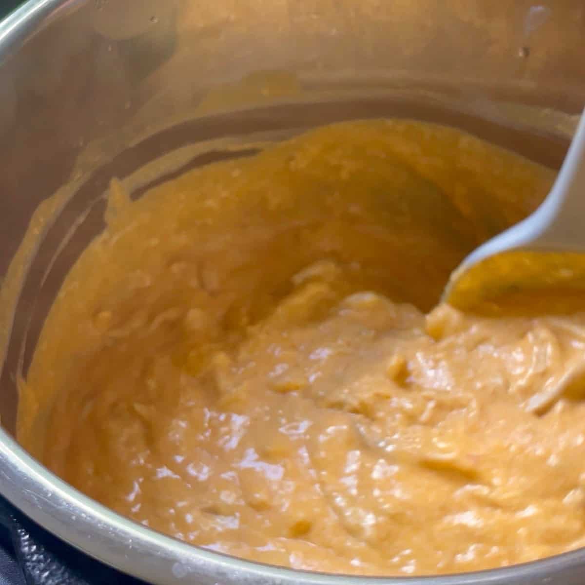 Instant Pot buffalo chicken dip stirring while fully melted.