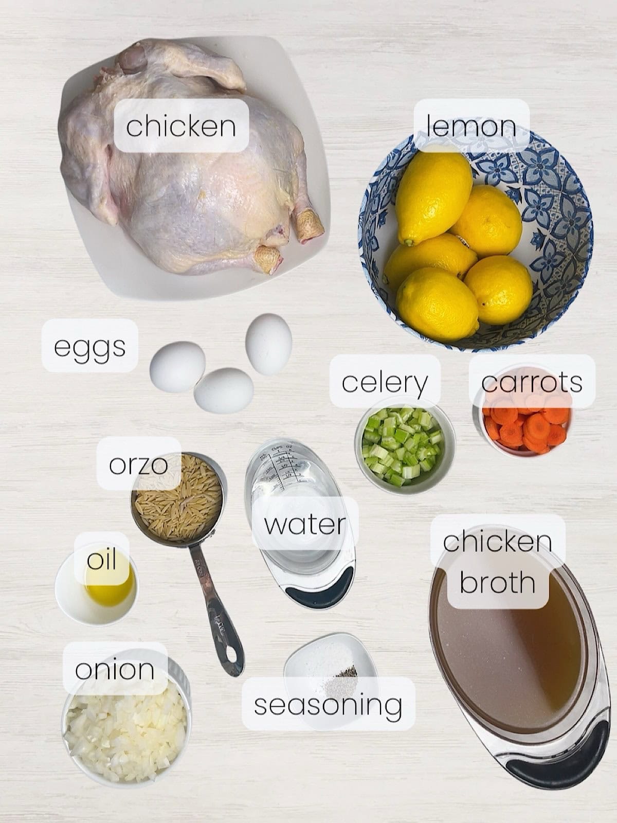 A labeled image of everything needed to make lemon chicken orzo soup.