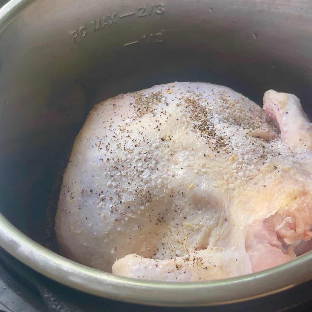 Whole chicken in Instant Pot with water and seasoning.