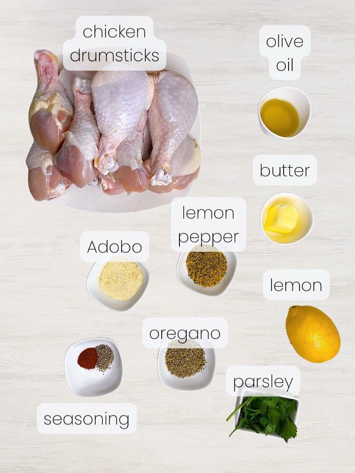 A labeled image of everything needed to make lemon pepper chicken drumsticks.