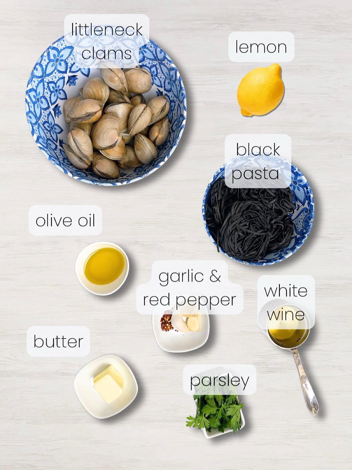 A labeled image of everything needed to make linguine nero di seppia.