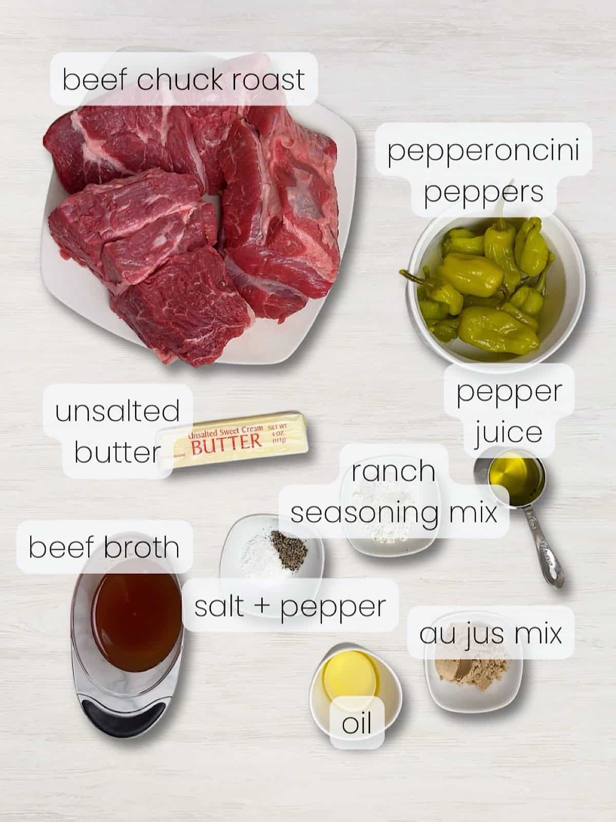 A labeled image of everything needed to make this Mississippi pot roast Instant Pot recipe.