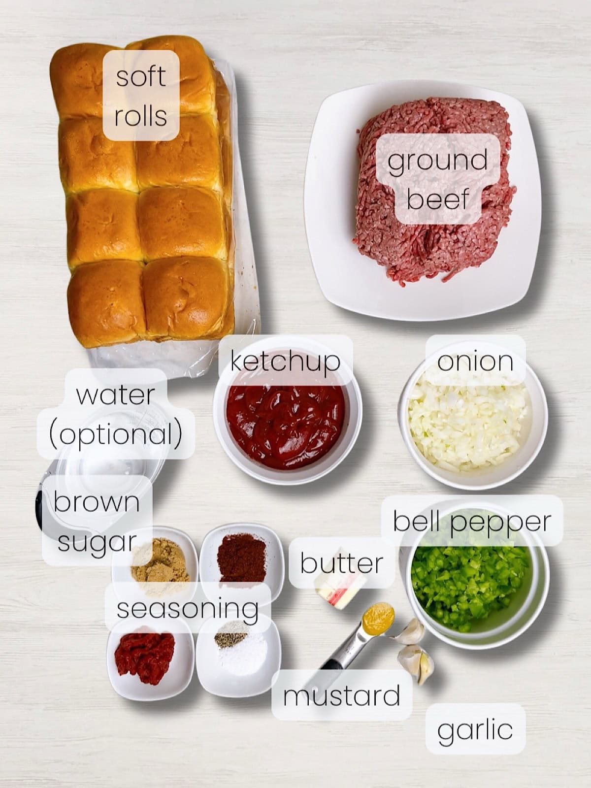 A labeled image of everything needed to make this sloppy joe slider recipe.