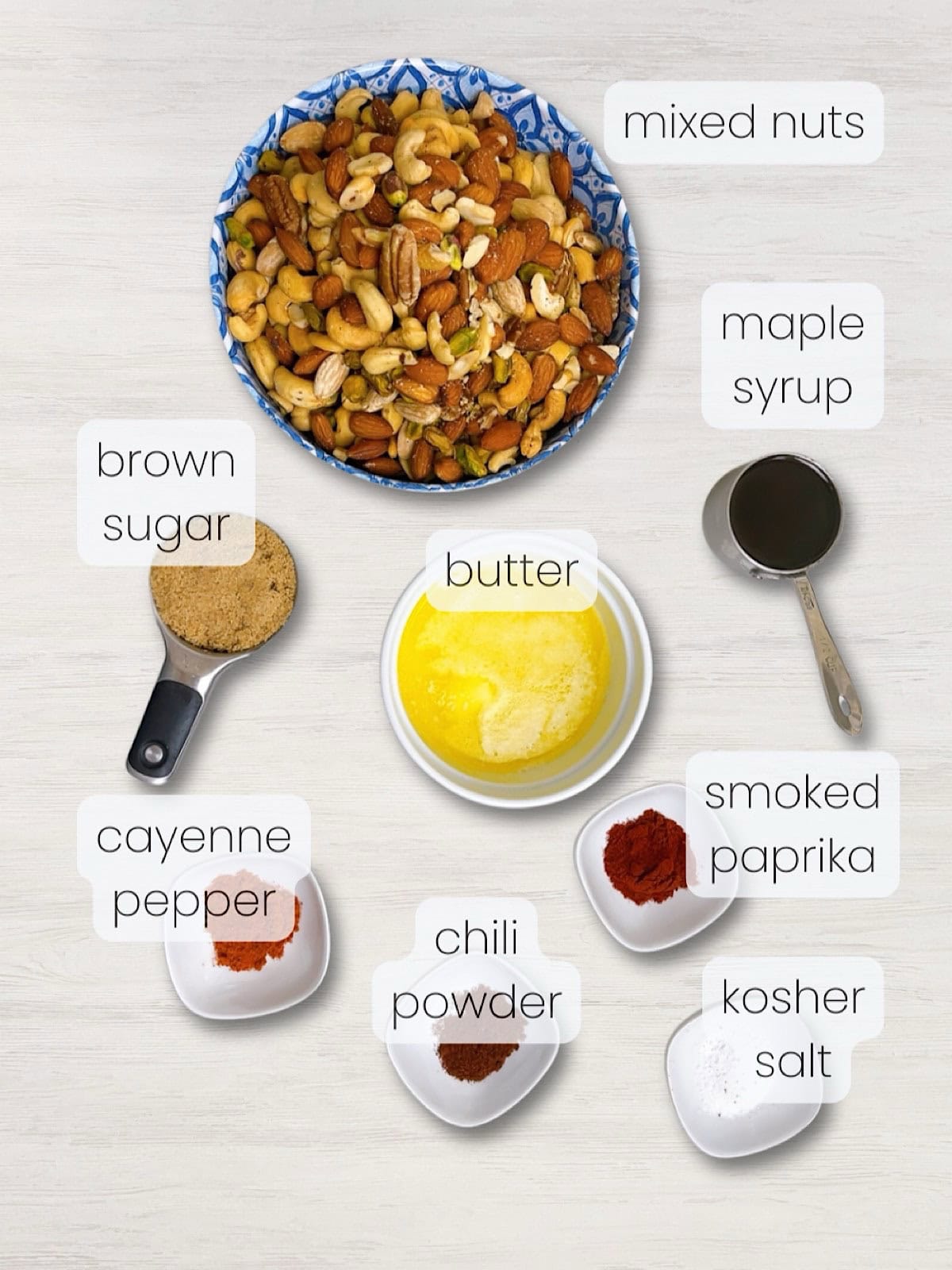 A labeled image of everything needed to make sweet and spicy mixed nuts.