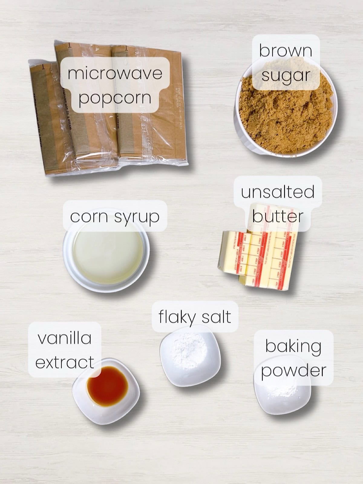 A labeled image of everything needed to make this homemade caramel corn.