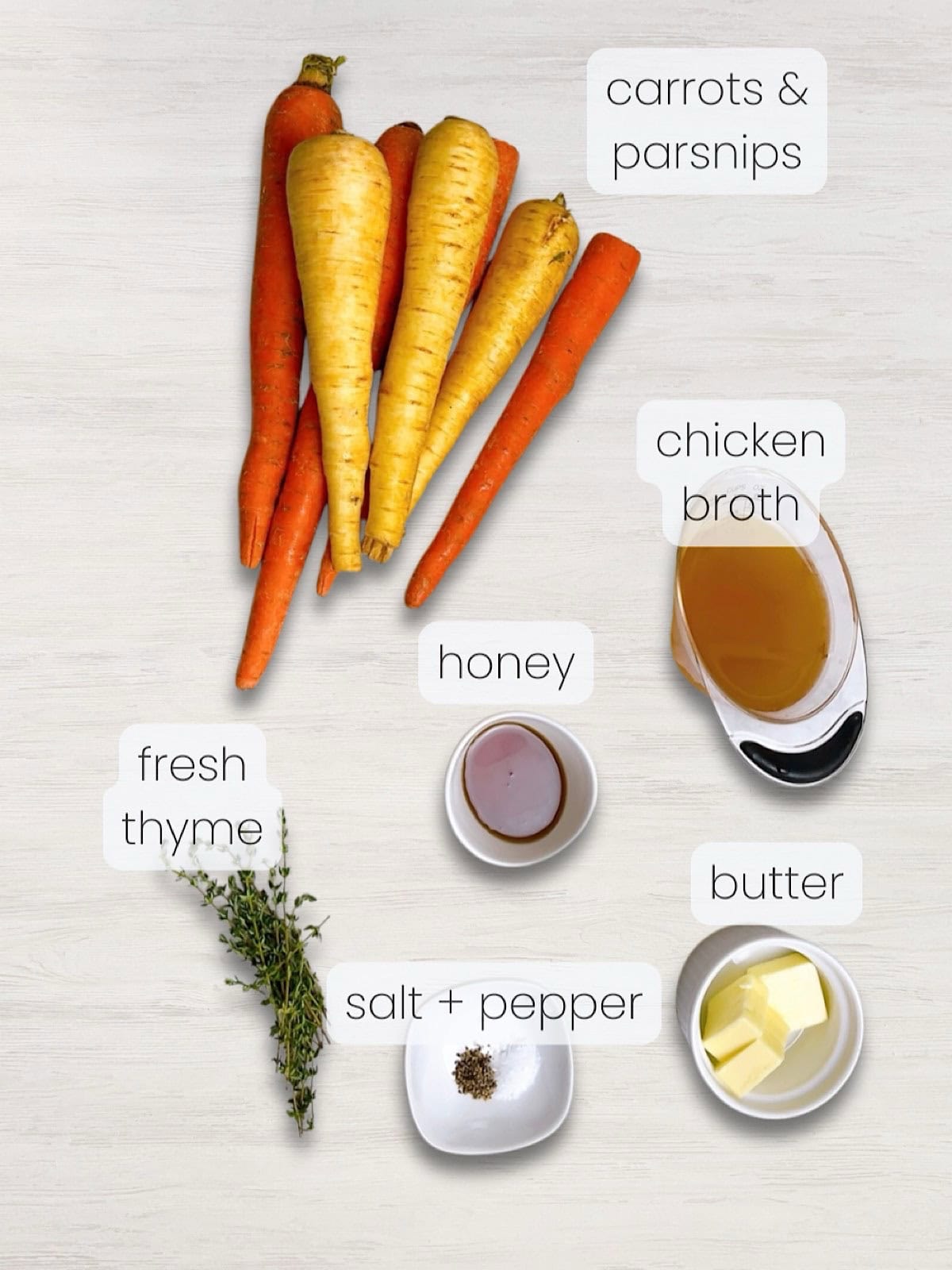A labeled image of everything needed to make honey-glazed carrots and parsnips.