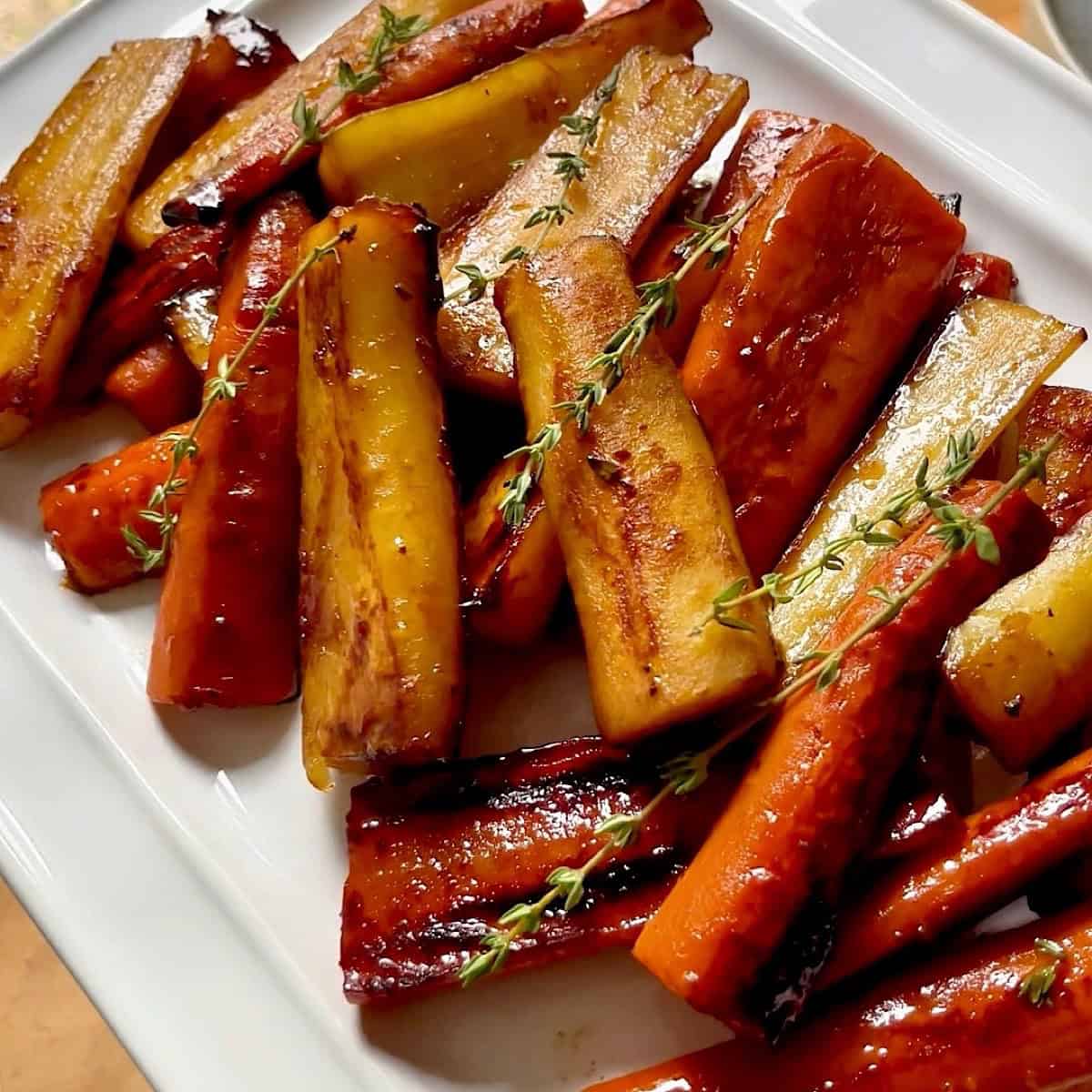 Carrots and parsnips on a serving platter with thyme sprigs.