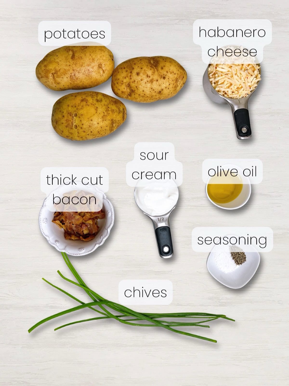 A labeled image of everything needed to make crispy potato skins.