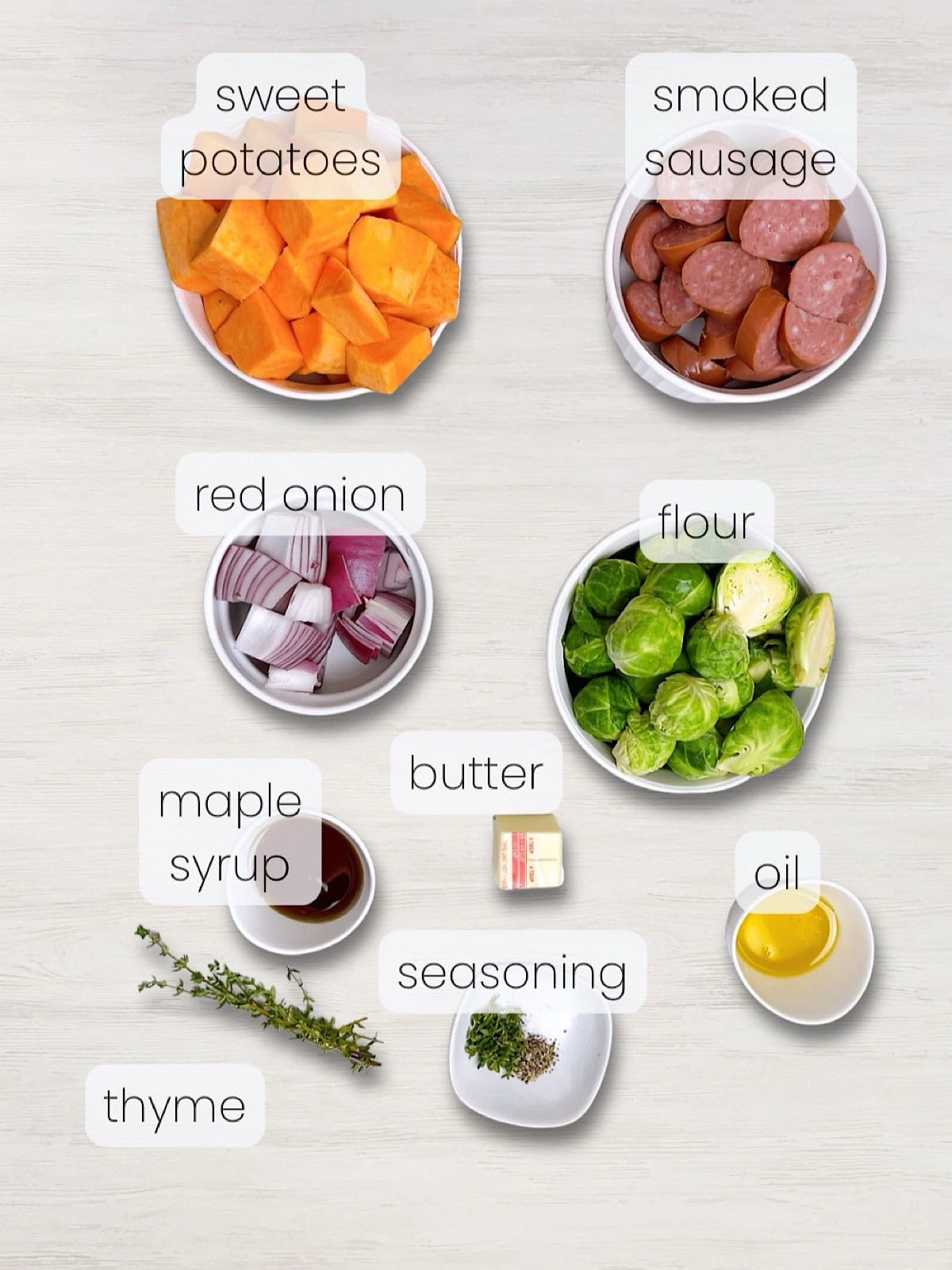 A labeled image of everything needed to make this fall sheet pan dinner.