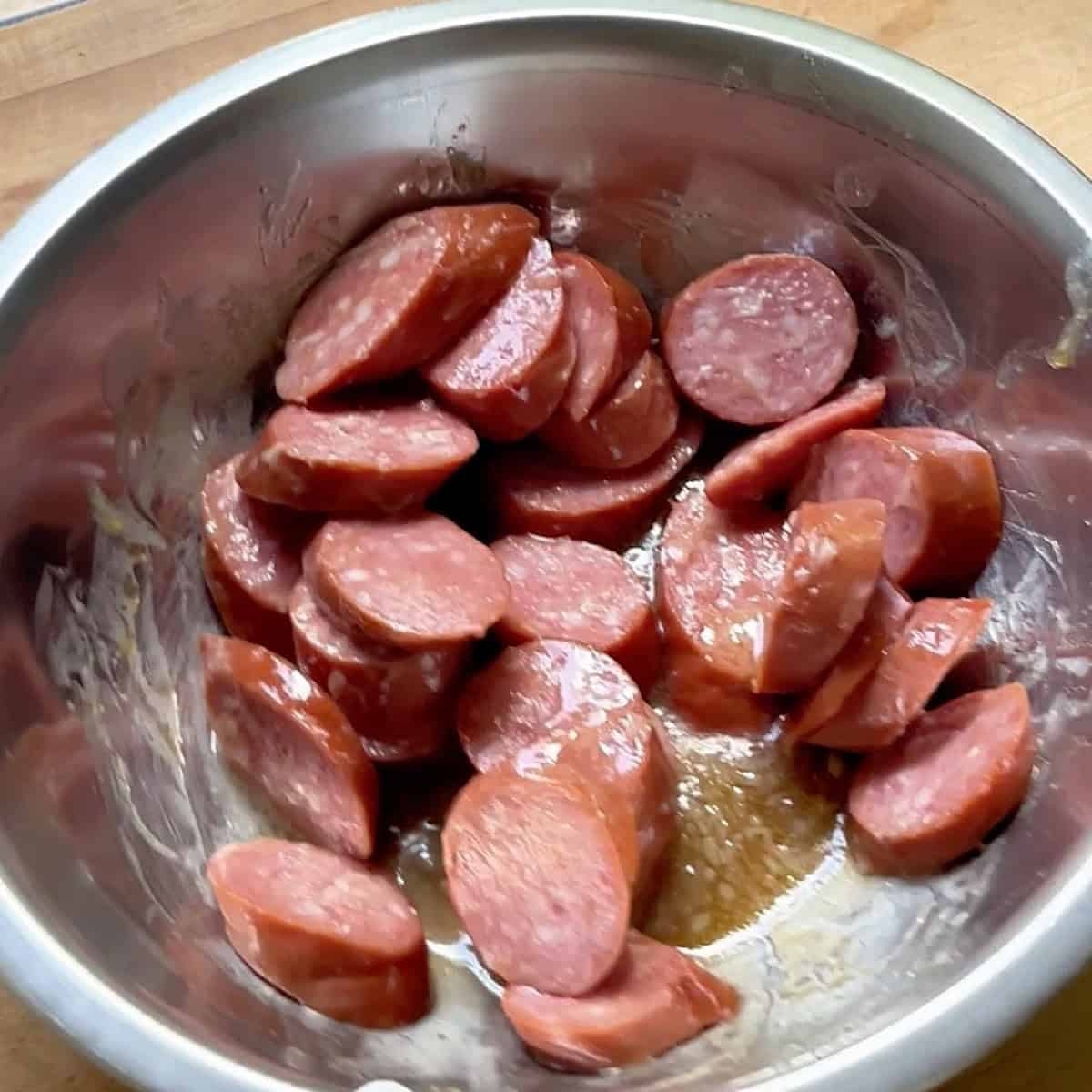 Sausage coins tossed in the maple butter glaze.